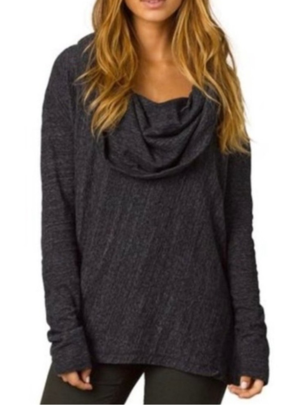 Prana Cowl Neck Sweater Charcoal Grey Long Sleeve Top Organic Cotton L